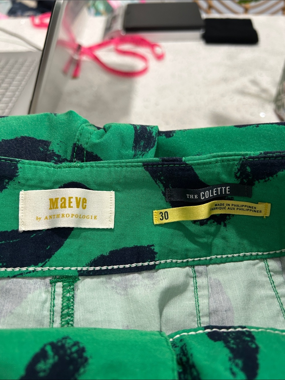 Maeve The Colette Wide Leg High Rise Pants in Green with Blue Brush Stroke Print - Picture 8 of 9